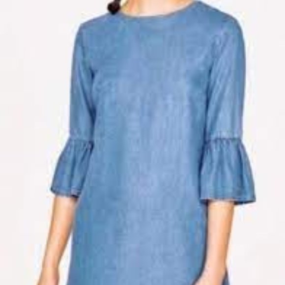 Zara Woman Chambray Trumpet Sleeve Dress Small - Picture 2 of 5